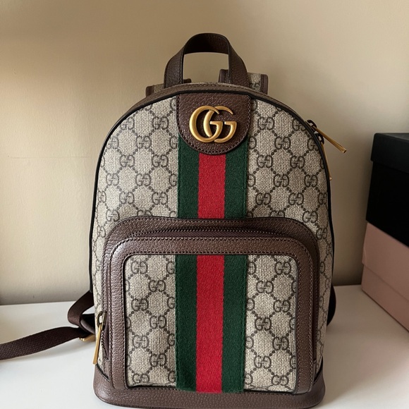 Gucci Handbags - Gucci Brown and Beige Backpack with Red and Green Accents